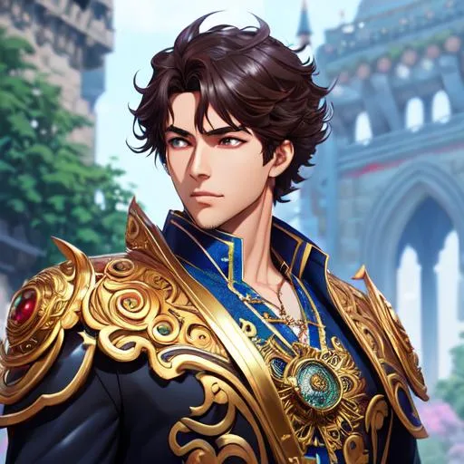 Prompt: 64K, centered position Full body of turkish adult male, Mobile Legend, perfect eyes, curly brown hair, symmetrical, lighting, detailed face, by makoto shinkai, stanley artgerm lau, wlop, rossdraws, concept art, digital painting, looking into camera, intricate ornament on his suit, castle background, colorful ambient, colorfull, HDR, 64K