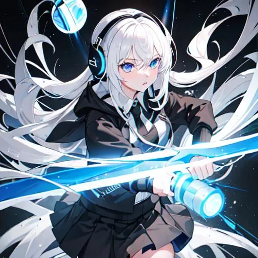 Prompt: A white hair girl with blue eyes wearing black headphone, a black hoodie, black tennis skirt, school uniform, black necktie, 4k, blue LED on two long black antennas is fighting aliens with her rifle