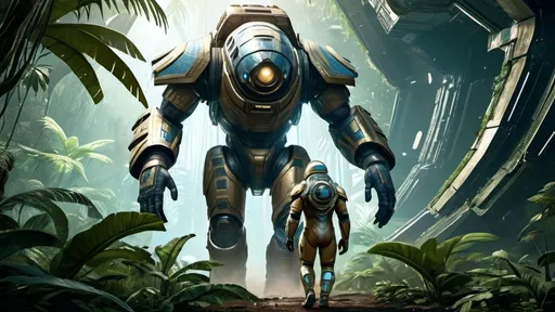 Prompt: a male annunaki explorer allalu wearing a fish-scale-space-suit walks toward camera facing camera walks away from a giant-heavily-damaged-crashed-spaceship in the background, stranded all alone, lush jungle landscape