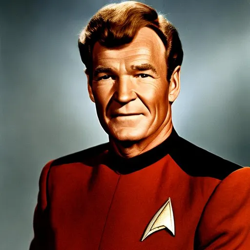 Prompt: A portrait of Forrest Tucker, wearing a Starfleet uniform, in the style of "Star Trek the Next Generation."