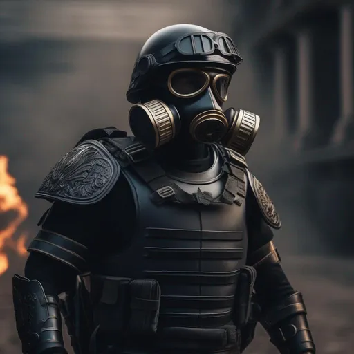 Prompt: A modern roman military male in black military roman armor, and gas mask,  war aliens, Hyperrealistic, sharp focus, Professional, UHD, HDR, 8K, Render, electronic, dramatic, vivid, pressure, stress, traumatic, dark.