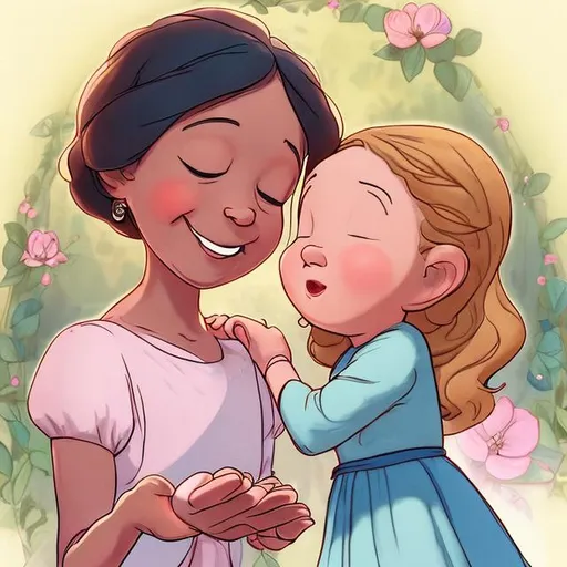 Prompt: [Imagine a cartoon of a loving and caring lady, perhaps with a kind smile and warm eyes, holding a letter addressed to Emmah. She begins to recite the heartfelt poem with compassion and tenderness.]

To our dear, sweet child so bright and small,
[The cartoon lady holds her hand to her heart, conveying deep emotion]

You, our precious gem, we cherish most of all,
[She gently touches a necklace with a gem-shaped pendant]

Though illness clouds the sky that's blue above,
[She looks up at a clouded sky, her expression filled with concern]

Know that our hearts are filled with endless love.
[She places a hand over her chest and closes her eyes, showing love]

At eight years old, you shine so wise and true,
[The cartoon lady raises her eyebrows, emphasizing the child's wisdom]

Intelligent and loving, in all you do,
[She forms a heart shape with her hands, symbolizing love]
