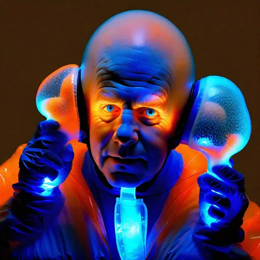 Prompt: Full view of Intimidating mohawked art Garfunkel and Paul Simon both with a mocking expression are wearing blue and orange translucent glowing bioluminescent lumpy jello protective suits and posing threateningly in a dark room