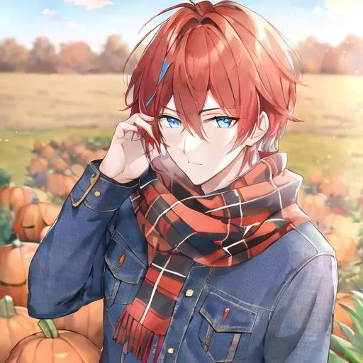 Prompt: Zerif 1male (Red side-swept hair covering his right eye, blue eyes), highly detailed face, wearing a cozy flannel shirt and a pair of stylish jeans. In the park, fall.  wearing a scarf, looking up at the sky, in a pumpkin patch, adult. Handsome,  detailed, UHD, HD, 4K, highly detailed, red haze, masculine, anime style