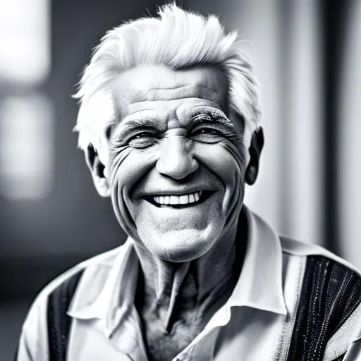 Prompt: A photo of an poor old man white haired wide smiling, black and white, hd, 4k, ultra realistic.