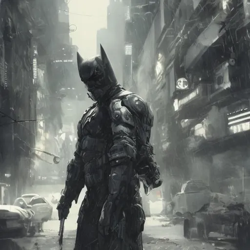 Prompt: Very dark black, good and green evil distant future bionic batman. Accurate. realistic. evil eyes. Slow exposure. Detailed. Dirty. Dark and gritty. Post-apocalyptic Neo Tokyo. Futuristic. Shadows. Sinister. Armed. Fanatic. Intense. 