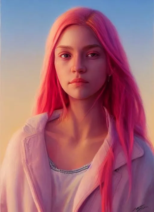 Prompt: Portrait of girl with pink hair and with cute face, orange sunset background, perfect composition, hyperrealistic, super detailed, 8k, high quality, trending art, trending on artstation, sharp focus, studio photo, intricate details, highly detailed, by greg rutkowski