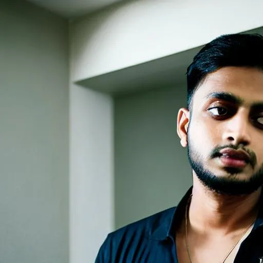 Prompt: an upcoming bengali rapper, age 25, slim, short dark hair, subtle smile, muted colours, standing three quarters to the viewer, looking directly at viewer, indoor, home, high contrast, cinematic lighting, smooth rendering, subtle haze, diffused day light coming from window on frame left, high resolution, photo realistic, high detail