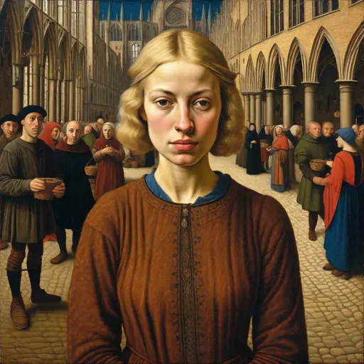 Prompt: painting in style of Jan van Eyck , Portrait, grim young woman, being pickpocket,  feeling enerved, fed up look, dark outworn medieval adventurer tunic, sweaty short hair, blonde hair, adventurer, medieval fantasy setting, symmetrical detailed face,   medieval  marketplace in the background, extremely detailed,