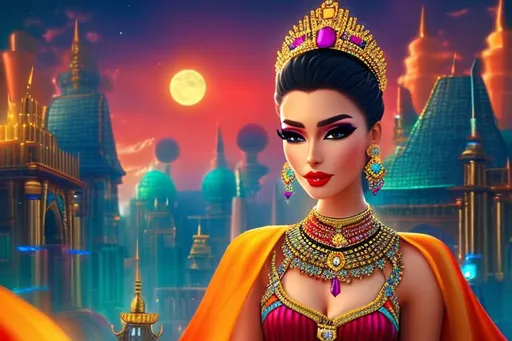 Prompt: head-on, surreal cartoon, high fashionista pose, glossy, walking toward viewer, stunning Aztec dancer, she is dressed like a summer queen, dramatic jewelry, statement necklace, background is architecture lit by the moon,  trending on artstation