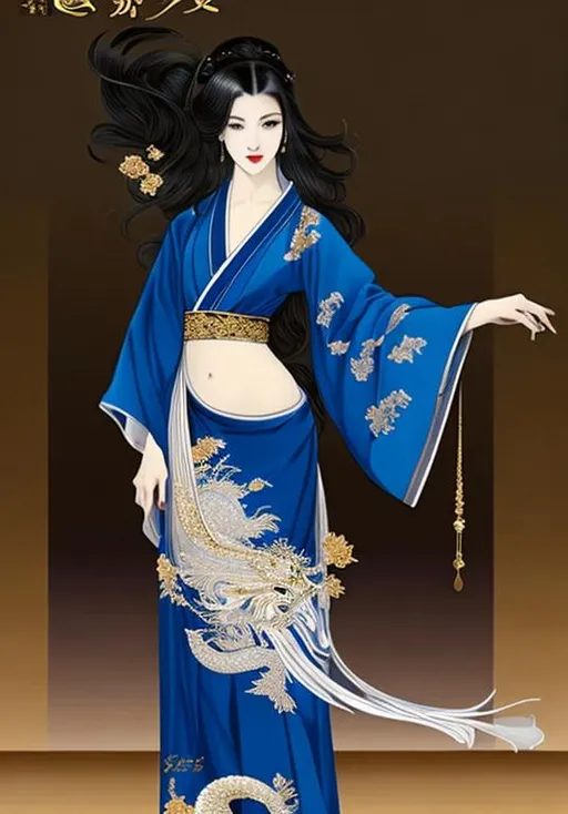 Prompt: 20s woman, very beautiful, with very long black hair long to the waist, wearing a black woman kimono with a gold oriental dragon pattern, elegant, serious, dark purple eyes, long-haired - fantastically beautiful face - dark blue ink, gold watercolor, very thin lines, extremely detailed, precise work, a masterpiece by Luis Royo