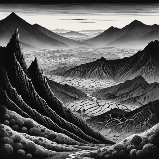 Prompt: Dark alien landscape, black and white, Junji Ito, mountains, nature, eerie
