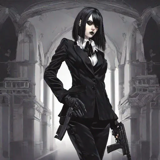 Prompt: gothic girl with a black suit and a gun