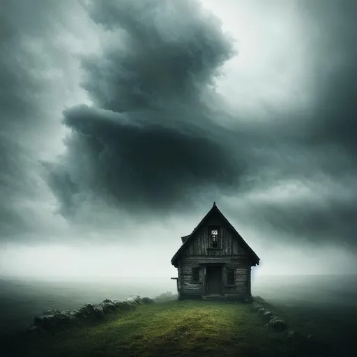 Prompt: Mystical photo of a surreal landscape, storm, small house, enchanting, foggy ambiance, mysterious lighting, dark tones, gothic aesthetic, hauntingly beautiful, trending on art platforms, art by dark fantasy artist.