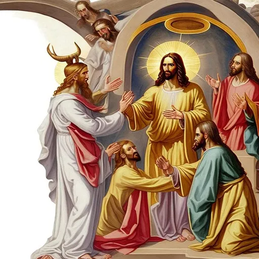 Prompt: Renaissance style painting of (Jesus the Christ) with a halo over his head is shaking hands and making a deal with (horned Satan the Devil), and they appear as traditional Biblical characters, and (Jesus the Christ) has a (thin circular golden halo) above his head and he is wearing a traditional full length white robe, and the (horned Satan the Devil) is wearing dark red robe and has two visible large black horns on his head and he has a visible long forked tail, they are both standing on clouds with the Earth's churches in the background, highly detailed faces, cherubs are watching from the upper corners, inspired by Michelangelo, similar to the Sistine Chapel murals, and the entire image is bounded by gilded frame like for a museum display, museum quality, fine art style, clear highly detailed imageryJesus Christ illustration of Jesus Christ, Son of God, black hair slicked back, full body, path traced, highly...portrait of a 10th-century Italian light-haired king