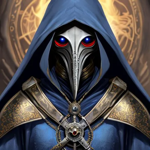 Prompt: Hyper detailed half body The plague doctor in battle, perfect face, shining eyes, angelic aura, detailed eyes, blue clothing, super detailing of small items of clothing, difficult armor, golden detailed on armor, cloak, clear eyes, against the background of a fire, symmetrical, 8k, digital painting, high quality, by IrinaKapi, steampunk, 
