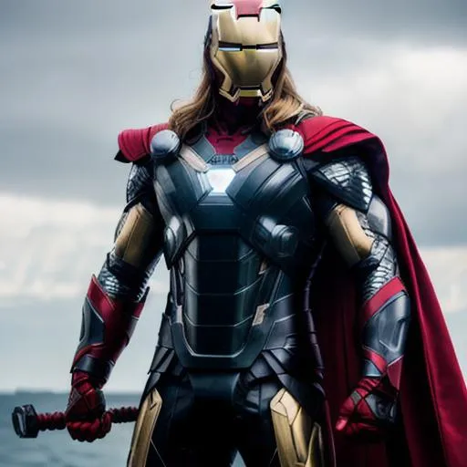 Prompt: A Thor themed iron man suit with a cape and Thors hammer with mask on