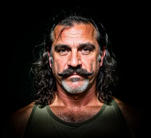 Prompt: a 50 years old white man, thick hirsute dark mustache, dark bushy brow, long black greasy hair, tanned sweaty skin, green tattered work clothes, hard-working man, dramatic lighting, high resolution, 4k, bright colors, portrait, exausted, good-hearted, wise