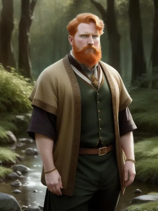 Prompt: a  ginger hair, fat, no beard, druid, short hair, worried,  male old villager,  dnd, fantasy,  human, evening, intricate exquisite imaginative exciting,full pose with relaxed pose, poor clothes,  by ruan jia, tom bagshaw, alphonse mucha, krenz cushart, beautiful forest in the background, vray render, artstation, deviantart, pinterest, 5 0 0 px models, 
