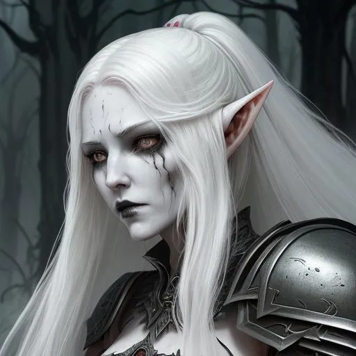 Prompt: Character illustration of a female elf revenant looking for vengeance. She has a beautiful face. Her features are gaunt and sunken with hollow cheeks. She looks starved. She is pale and pallid with a deathly pallor. Her hair is white. Her ornate heavy armour is silver but looks ancient and weathered. Fantasy art with a gothic horror style. Surrounded by shadows, gloom, and ghosts. She looks mysterious and sinister. Ultra high definition image. HD. Professional art. 