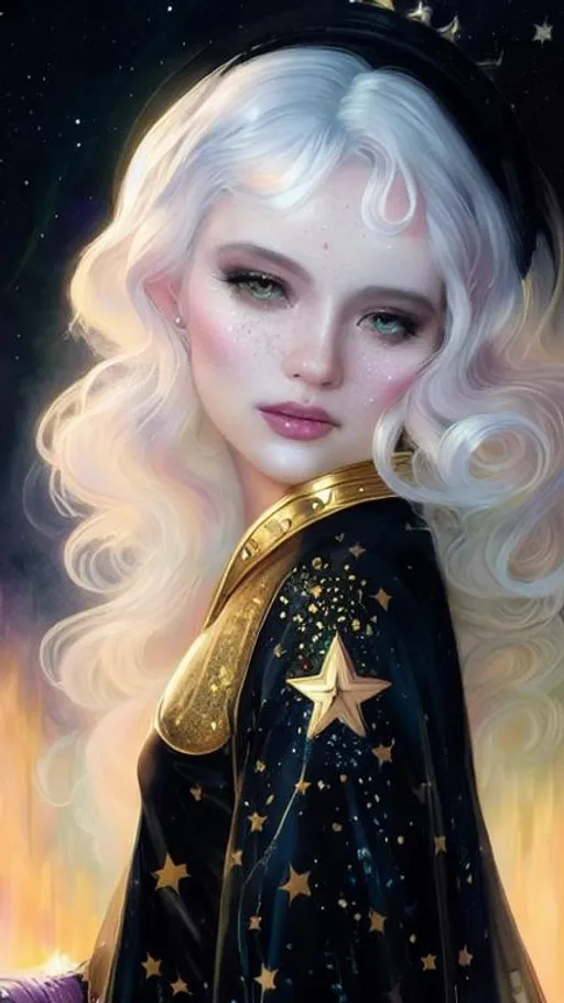 Prompt: A very beautiful woman with hair made of glowing clouds illuminated by the moonlight, freckles shaped as Golden stars, artistic makeup with a metallic iridescent pallette, art by Tom Bagshaw, artgerm, ilya kuvshinov,  Huang Guangjian, Josephine Wall, WLOP, art by Laura Hollingsworth, Andrew Atroshenko, 4k, pretty visuals, aesthetic, artstation, unreal engine, shadow effect, insanely detailed and intricate, highly detailed, shooting stars, iridescent effect to the white clouds.