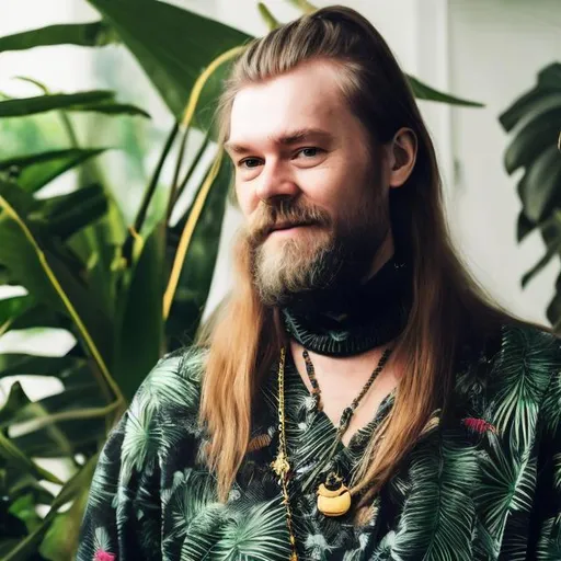 Prompt: Norwegian DJ with long hair and a long beard. He is wearing a black turtle neck and gold necklace. Danish modern house with tropical plants. He is wise and young.