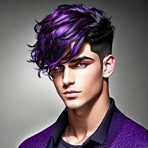 Prompt: Male short side swept black hair with purple highlights covering his right eye, full body