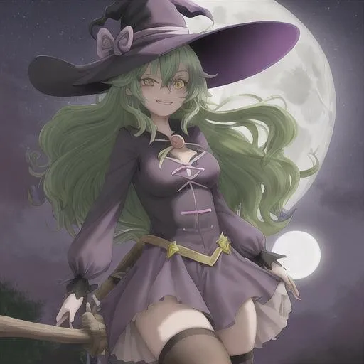 Prompt: Anime witch girl with green hair , one eye purple, the other eye brown against the silhouette of a big full moon smiling mischievously on a broomstick 