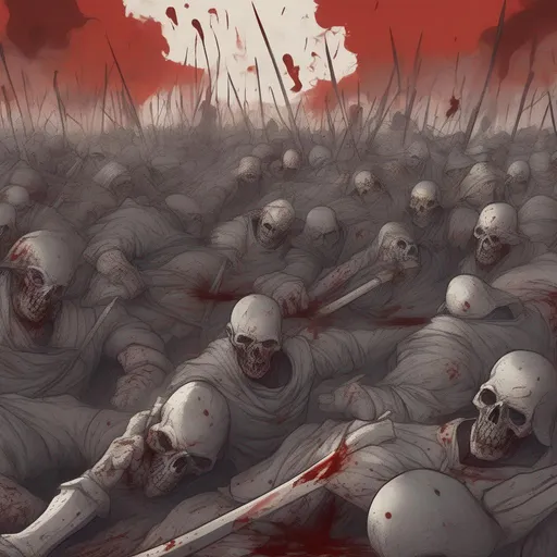 Prompt: A bloody fantasy battlefield where every one is dead 