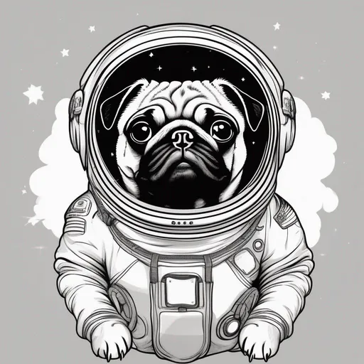 Prompt: Cartoon Pug in an pug astronaut suit in space. , Wall paper, black outline 