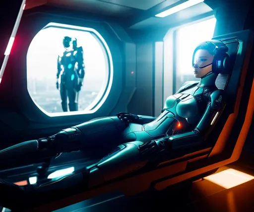 Prompt: a spaceship cyborg pilot in a transparent suit, laying down in a chair, in a cyberpunk setting, cyborg, implants, high details, realistic , professionally colour graded, photorealism, 8k, grim dark lighting, art by the Caravage