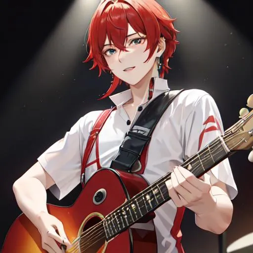 Prompt: Zerif 1male (Red side-swept hair covering his right eye) playing the guitar at a concert, UHD, 8K, highly detailed