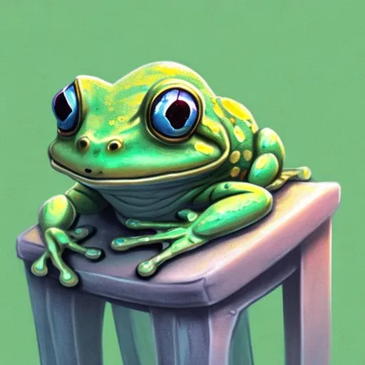 Prompt: small frog sat on a chair in raid synthesia style in pastel