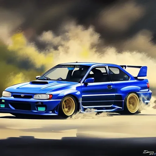 Prompt: High resolution, hyper realistic, painting of 1998 Subaru, Impreza, WRX, STI drifting 
