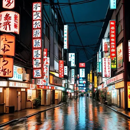 Prompt: City with ambient rain, low glow neon signs, in japan, 8k quality, high quality, 
