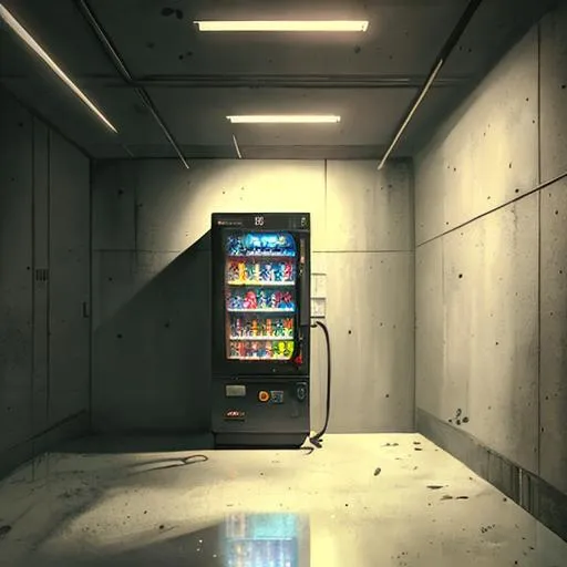 Prompt: A eerie creepy vending machine in a liminal space , basement, room, concrete floor, dark lighting, spooky, masterpiece, best quality, ultra-detailed, Breathtaking, symmetrical, soft lighting, by makoto shinkai, stanley artgerm lau, wlop, digital painting