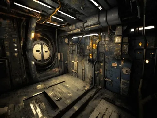 Prompt: Dark hallway on submarine many doors