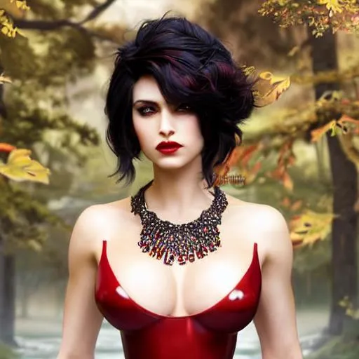 Prompt: make me a beautiful red incubus wearing with coal black hair and eyes wearing red leather, in the artstyle of eighties tabletop games.  Beautiful, gorgeous, stunning body female, highly detailed, golden ratio, photorealistic digital artwork. High definition, realistic symmetric face by Tom Bagshaw and art by Sakimichan, Android Jones" BiggalsOctane render, volumetric lighting, shadow effect, insanely detailed and intricate, artstation by WLOP, by artgerm