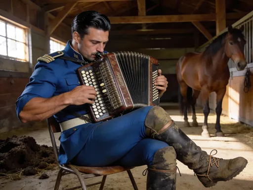 Prompt: Militar da gendarmerie francesa com blusao azul e calssas apertadas azuis com galoes e divisas, bruto e musculado sentado numa cadeira cabelo preto penteado para tras com brilhantina botas de cavalaria de cano alto ate ao joelho sujas  sem atacadores tocando um acordeao de botoes alto que o topo do acordeao chega quase ao nariz num estabulo com estrume de cavalo de um lado e um cavalo castanho do outro.