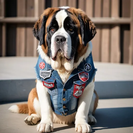 Prompt: st bernard wearing a heavy metal music denim vest with patches 