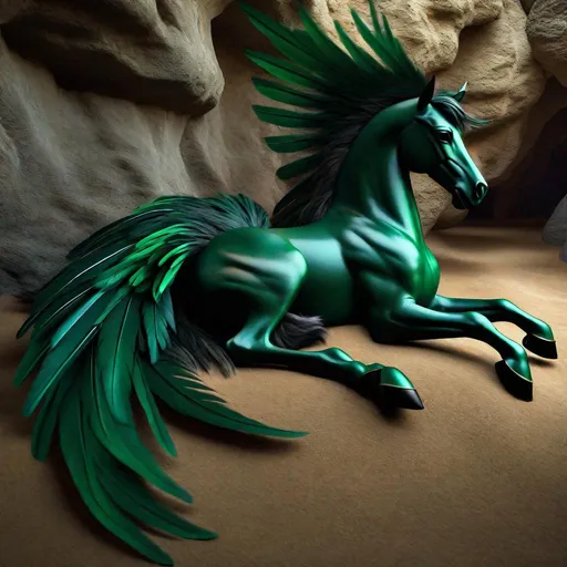 Prompt:  twisted pegasus animatronic hybrid, with focused emerald eyes. They identify as a Male. Emerald colored feathery wings and tail. dark Green ombre mane and tail. UHD, HD, 4K, green haze, green and black coat, lying down in a cave, asleep, resting, highly detailed