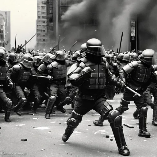 Prompt: crowd, riot, city, battle, police, riot shield wall, testudo, spears