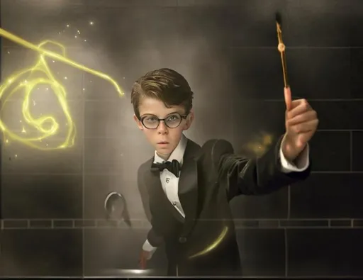 Prompt: 13 year old boy in a tuxedo casting a crazy magic spell from the outside of a bathroom stall with his magic wand, but the spell he cast happens on the inside of the bathroom stall because he cast the spell on the inside 