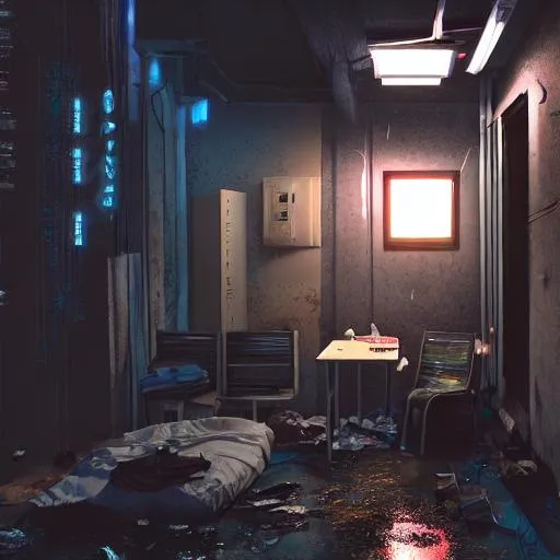 Prompt: small apartment, poverty, cyberpunk, night city, filthy