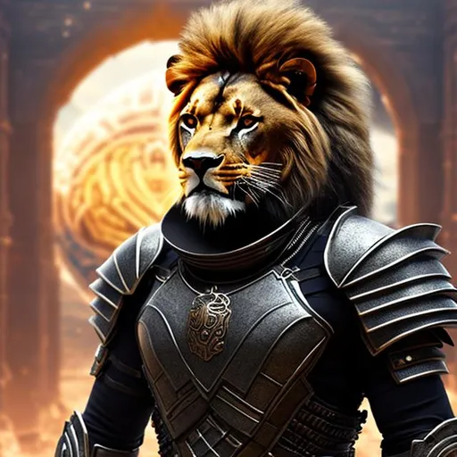 Prompt: sci-fi armored, Mask, a fusion between a man and a lion, in temple background, {{holding sword}}