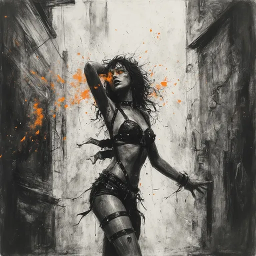 Prompt: abstract charcoal artwork, a pretty rave girl dancing energetically in an alleyway, adorned in studded clothing with black straps, striking a dynamic pose while looking up, vibrant lights flashing around her, intricate cross-hatching details, layered smudges on cracked, scratched paper, evoking a historical photo feel, dark art ambiance with a black and gray theme, captivating orange highlighted eyes emphasizing her vibrant expression, highly detailed and rich contrast, ultra-detailed composition.