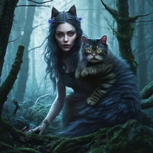 Prompt: highly detailed woman with norwegian cat into  dark forest, witch of forest, highly detailed eyes, high resolution scan, 64k, UHD, HDR, hyper realistic, Canon EOS R5, Canon EF 24mm f/1.8 STM, horror context, neon lights, crystal clear photograph, absolutely real.