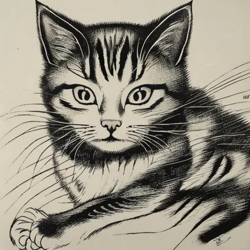 Prompt: charushin cat lithography