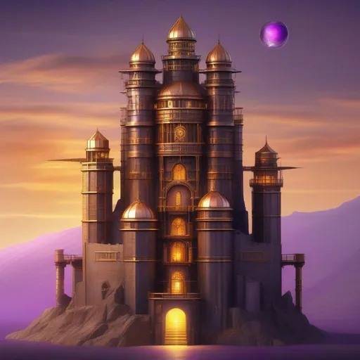Prompt: Fantasy art of a tall huge wide big imposing factory fantasy tower with walls made of copper, iron, gold, and bronze on a concrete foundation and an amethyst icosahedron crystal on the top of the tower