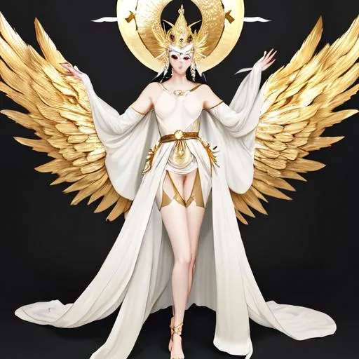 Prompt: Non-binary god with long white silk piece that covers the middle of their legs openly, a gold belt, a gold headpiece, a gold halo, white silk gloves, big white wings